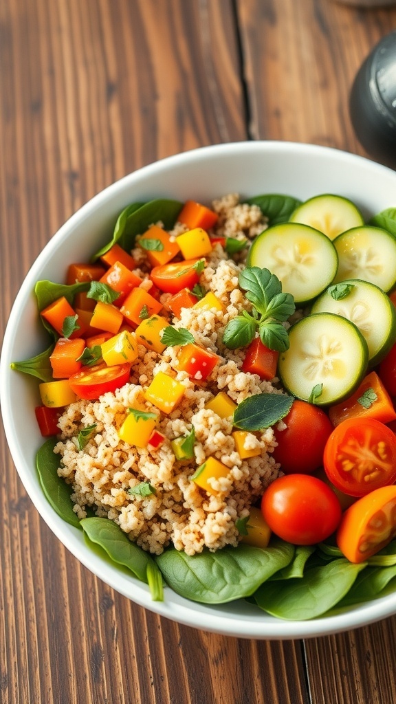A colorful quinoa veggie bowl with bell peppers, cucumber, cherry tomatoes, and spinach, garnished with herbs on a wooden table.